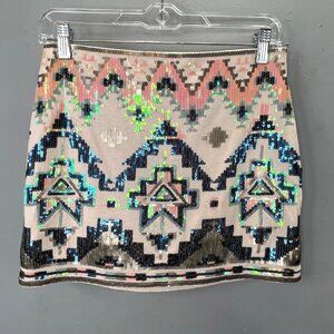 Express Aztec Mini Skirt XS Sequin Southwestern Boho Cowgirl Western Cream Blue